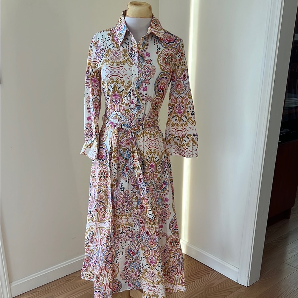 New! Zara medium printed belted front button cotton dress.